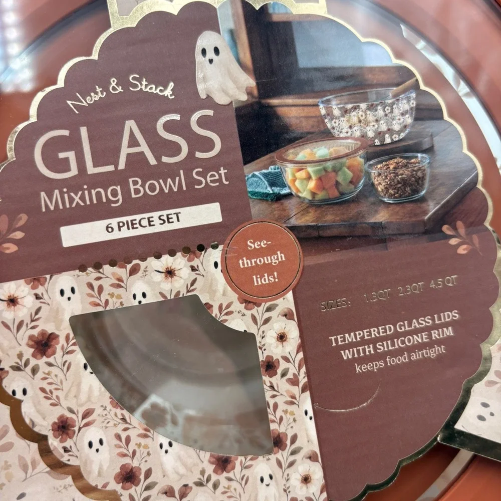 FreshBox Nest & Stack Halloween Ghost Floral Glass Mixing Bowl Set 6 Piece NEW